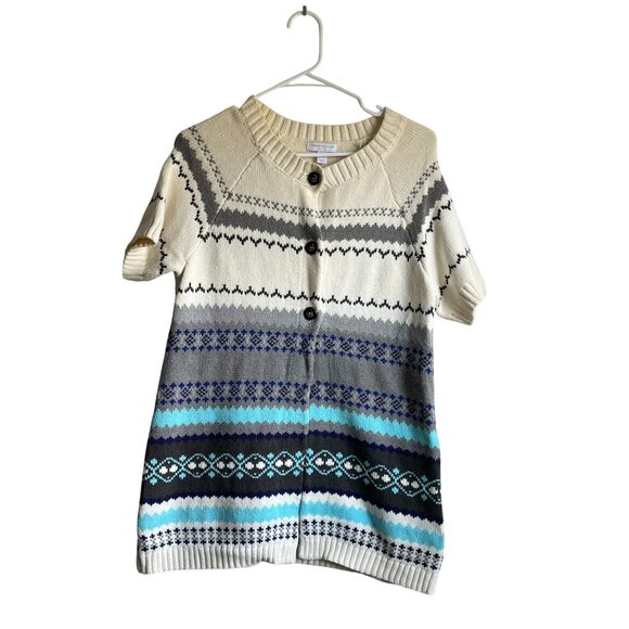 Charter Club Short Sleeve Nordic Print Button Front Sweater Cream Blue Petite M - Picture 1 of 6